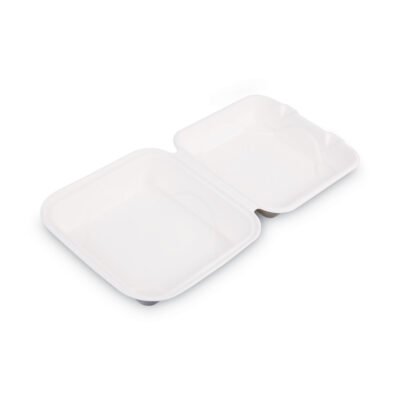 Vanguard Renewable and Compostable Sugarcane Clamshells, 1-Compartment, 8 x 8 x 3, White, 200/Carton