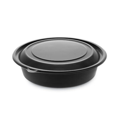 EarthChoice MealMaster Container with Lid, 32 oz, 8″ dia x 2.12″ h, 1-Compartment, Black/Clear, Plastic, 250/Carton
