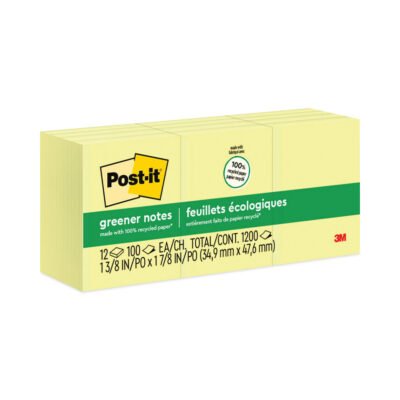 Original Recycled Note Pads, 1.5″ x 2″, Canary Yellow, 100 Sheets/Pad, 12 Pads/Pack