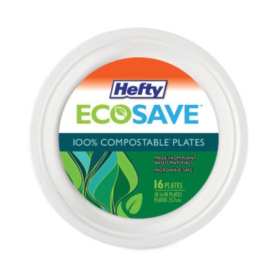 ECOSAVE Tableware, Plate, Bagasse, 10.13″ dia, White, 16/Pack, 12 Packs/Carton