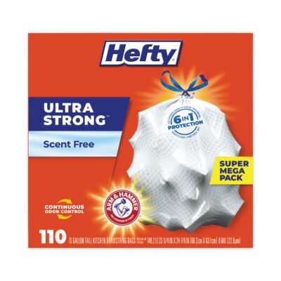 Ultra Strong Tall Kitchen and Trash Bags, 13 gal, 0.9 mil, 23.75″ x 24.88″, White, 110 Bags/Box, 3 Boxes/Carton