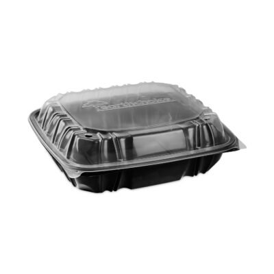 EarthChoice Vented Dual Color Microwavable Hinged Lid Container, 3-Compartment 34oz, 10.5×9.5×3, Black/Clear, Plastic, 132/CT