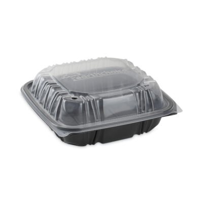 EarthChoice Vented Dual Color Microwavable Hinged Lid Container, 1-Compartment, 38oz, 8.5×8.5×3, Black/Clear, Plastic, 150/CT