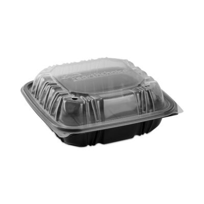 EarthChoice Vented Dual Color Microwavable Hinged Lid Container, 3-Compartment, 21oz, 8.5×8.5×3, Black/Clear, Plastic, 150/CT