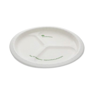 EarthChoice Pressware Compostable Dinnerware, 3-Compartment Plate, 10″ dia, White, 250/Carton