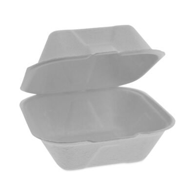 EarthChoice Bagasse Hinged Lid Container, Single Tab Lock, 6″ Sandwich, 5.8 x 5.8 x 3.3, Natural, Sugarcane, 500/Carton