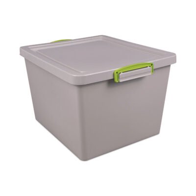 35.4 Qt. Latch Lid Storage Tote, 14.76″ x 12.6″ x 10.43″, Dove Gray/Green