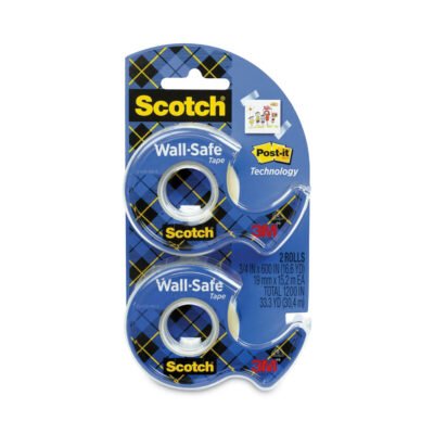 Wall-Safe Tape with Dispenser, 1″ Core, 0.75″ x 50 ft, Clear, 2/Pack