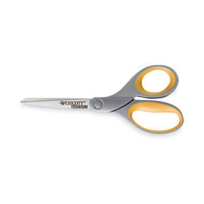 Titanium Bonded Scissors, 8″ Long, 3.5″ Cut Length, Gray/Yellow Straight Handle, 3/Box