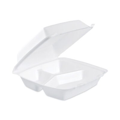 Insulated Foam Hinged Lid Containers, 3-Compartment. 7.9 x 8.4 x 3.3, White, 200/Carton