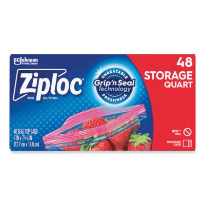 Double Zipper Storage Bags, 1 qt, 1.75 mil, 9.63″ x 8.5″, Clear, 48/Box
