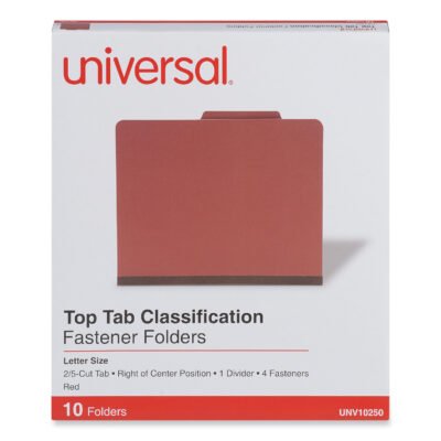 Four-Section Pressboard Classification Folders, 2″ Expansion, 1 Divider, 4 Fasteners, Letter Size, Red Exterior, 10/Box
