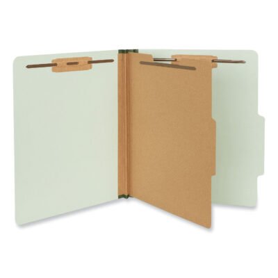 Four-Section Pressboard Classification Folders, 2″ Expansion, 1 Divider, 4 Fasteners, Letter Size, Gray-Green, 10/Box