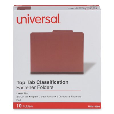 Eight-Section Pressboard Classification Folders, 3″ Expansion, 3 Dividers, 8 Fasteners, Letter Size, Red Exterior, 10/Box