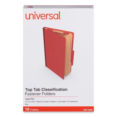 Eight-Section Pressboard Classification Folders, 3″ Expansion, 3 Dividers, 8 Fasteners, Legal Size, Red Exterior, 10/Box