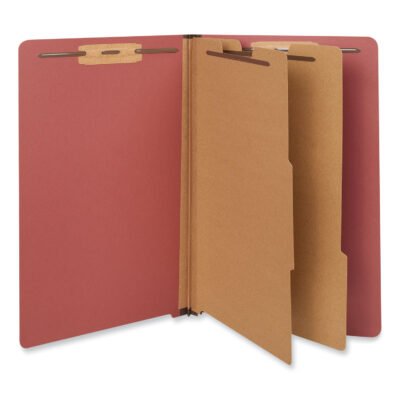 Red Pressboard End Tab Classification Folders, 2″ Expansion, 2 Dividers, 6 Fasteners, Legal Size, Red Exterior, 10/Box