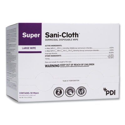 Super Sani-Cloth Individually Wrapped Germicidal Disposable Wipes, Large, 1-Ply, 5 x 8, Unscented, White, 50/Pack