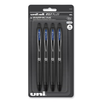 207 Plus+ Gel Pen, Retractable, Medium 0.7 mm, Blue Ink, Black Barrel, 4/Pack