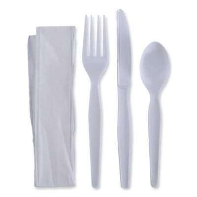 Four-Piece Cutlery Kit, Fork/Knife/Napkin/Teaspoon, Heavyweight, White, 250/Carton