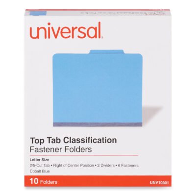 Bright Colored Pressboard Classification Folders, 2″ Expansion, 2 Dividers, 6 Fasteners, Letter Size, Cobalt Blue, 10/Box