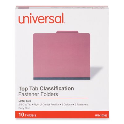 Bright Colored Pressboard Classification Folders, 2″ Expansion, 2 Dividers, 6 Fasteners, Letter Size, Ruby Red, 10/Box