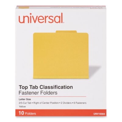 Bright Colored Pressboard Classification Folders, 2″ Expansion, 2 Dividers, 6 Fasteners, Letter Size, Yellow Exterior, 10/Box