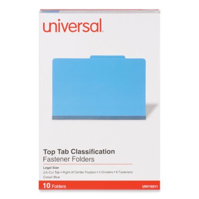 Bright Colored Pressboard Classification Folders, 2″ Expansion, 2 Dividers, 6 Fasteners, Legal Size, Cobalt Blue, 10/Box
