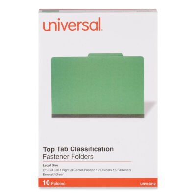 Bright Colored Pressboard Classification Folders, 2″ Expansion, 2 Dividers, 6 Fasteners, Legal Size, Emerald Green, 10/Box