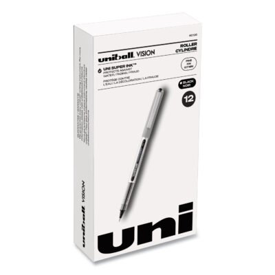 VISION Roller Ball Pen, Stick, Fine 0.7 mm, Black Ink, Black/Gray Barrel, Dozen