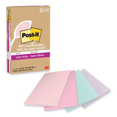 100% Recycled Paper Super Sticky Notes, Ruled, 4″ x 6″, Wanderlust Pastels, 45 Sheets/Pad, 4 Pads/Pack