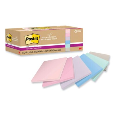 100% Recycled Paper Super Sticky Notes, 3″ x 3″, Wanderlust Pastels, 70 Sheets/Pad, 12 Pads/Pack