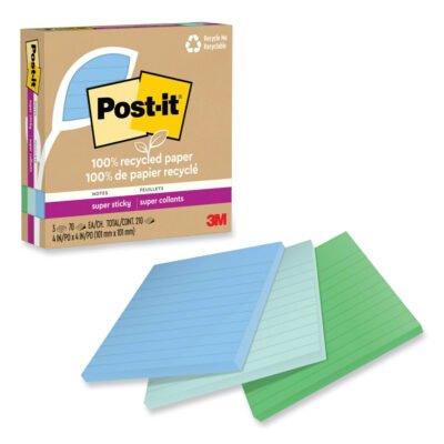 100% Recycled Paper Super Sticky Notes, Ruled, 4″ x 4″, Oasis, 70 Sheets/Pad, 3 Pads/Pack