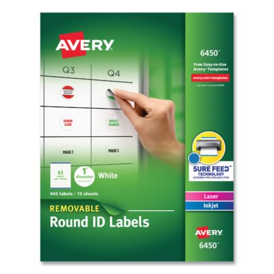 Removable Multi-Use Labels, Inkjet/Laser Printers, 1″ dia, White, 63/Sheet, 15 Sheets/Pack