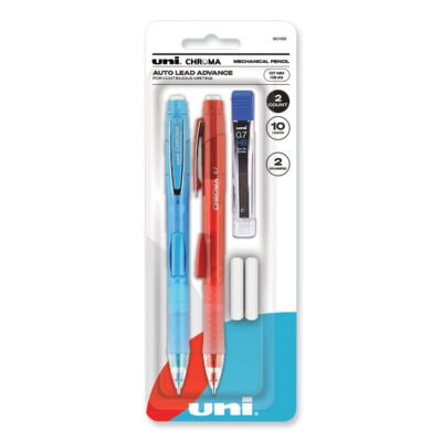 Chroma Mechanical Pencil w/ 10 Leads and 2 Erasers, 0.7 mm, HB (#2), Black Lead, (1) Red (1) Blue Barrel, 2/Pack