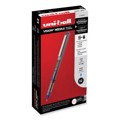 VISION Needle Roller Ball Pen, Stick, Fine 0.7 mm, Blue Ink, Silver Barrel, Dozen