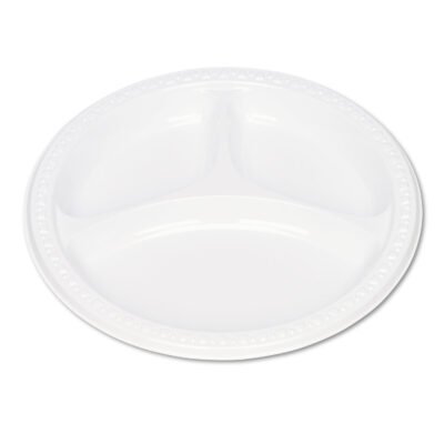 Plastic Dinnerware, Compartment Plates, 9″ dia, White, 125/Pack